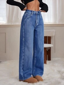 SHEIN PETITE 女款鈕扣半開襟雙口袋極簡休閒寬鬆牛仔褲 - 藍色 - 查看 4