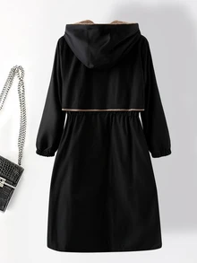 SHEIN Clasi 大尺碼女款拼色休閒寬鬆牛仔風百搭長袖外套，適合日常、徒步、秋季度假、外出、夜店、辦公室、教師穿著，黑色 - 黑色 - 查看 16