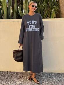 DAZY Ladies' Long Sleeve Loose Fit Long Dress With Letter Print,Fall Clothes Maxi Dress - Dark Grey - View 1