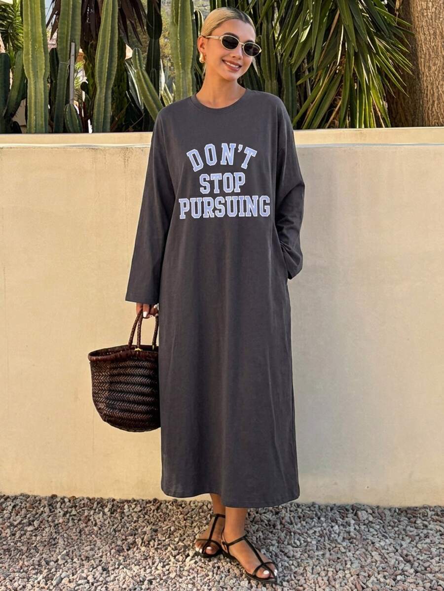 DAZY Ladies' Long Sleeve Loose Fit Long Dress With Letter Print,Fall Clothes Maxi Dress - Dark Grey - View 1