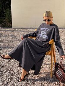 DAZY Ladies' Long Sleeve Loose Fit Long Dress With Letter Print,Fall Clothes Maxi Dress - Dark Grey - View 2