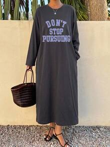 DAZY Ladies' Long Sleeve Loose Fit Long Dress With Letter Print,Fall Clothes Maxi Dress - Dark Grey - View 5