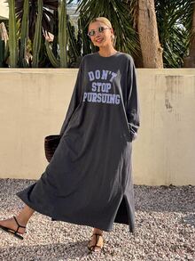 DAZY Ladies' Long Sleeve Loose Fit Long Dress With Letter Print,Fall Clothes Maxi Dress - Dark Grey - View 4