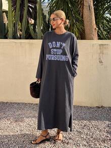 DAZY Ladies' Long Sleeve Loose Fit Long Dress With Letter Print,Fall Clothes Maxi Dress - Dark Grey - View 3