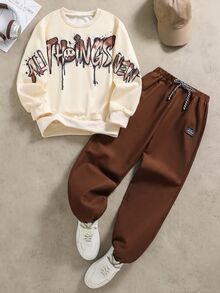 SHEIN Coolqubz 2 件套时尚白色连帽衫搭配橄榄绿色裤子，适合青少年男孩的时尚服装，连帽衫采用绿色定位印花，面料柔软舒适，适合春秋季节，适合上学、郊游等多种场合 - 咖啡棕 - 查看 8
