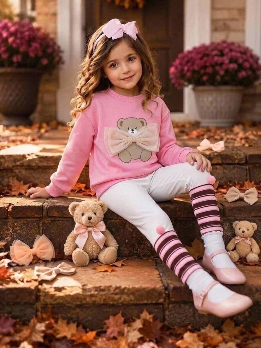 SHEIN Kids Girls' Casual Cute Sweatshirt Set, Mesh Bow Cartoon Bear, Daily Vacation Autumn/Winter Gift Choice - Multicolor - View 1