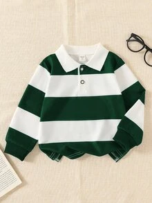SHEIN Explorewe Young Boy Striped Contrast Collar Knit Casual Loose Retro American Style Long Sleeve Polo Shirt, Suitable For School And Daily Wear Autumn Fall - Dark Green - View 5