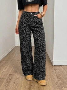 SHEIN PETITE 女款豹紋寬腿寬鬆牛仔褲 - 灰色 - 查看 5