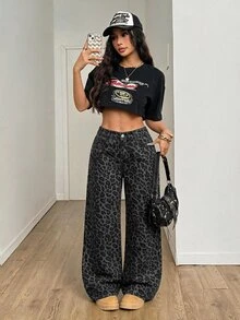 SHEIN PETITE 女款豹紋寬腿寬鬆牛仔褲 - 灰色 - 查看 6