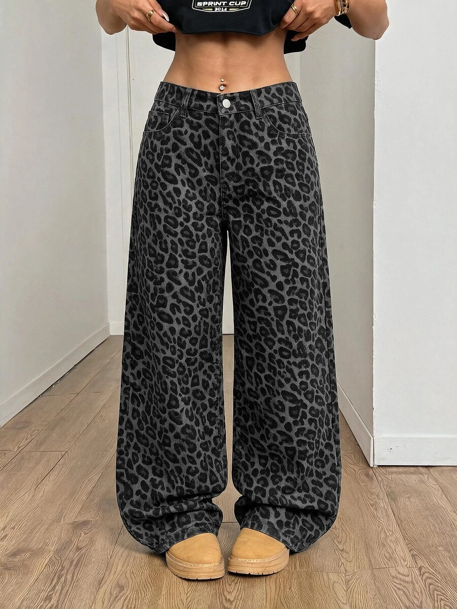 SHEIN PETITE 女款豹紋寬腿寬鬆牛仔褲 - 灰色 - 查看 1