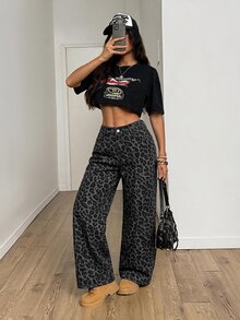SHEIN PETITE 女款豹紋寬腿寬鬆牛仔褲 - 灰色 - 查看 3