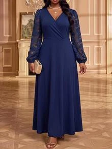 Fleurora Gaun Pesta Elegan Ukuran Besar dengan Motif Renda untuk Musim Gugur - Royal Blue - View 5