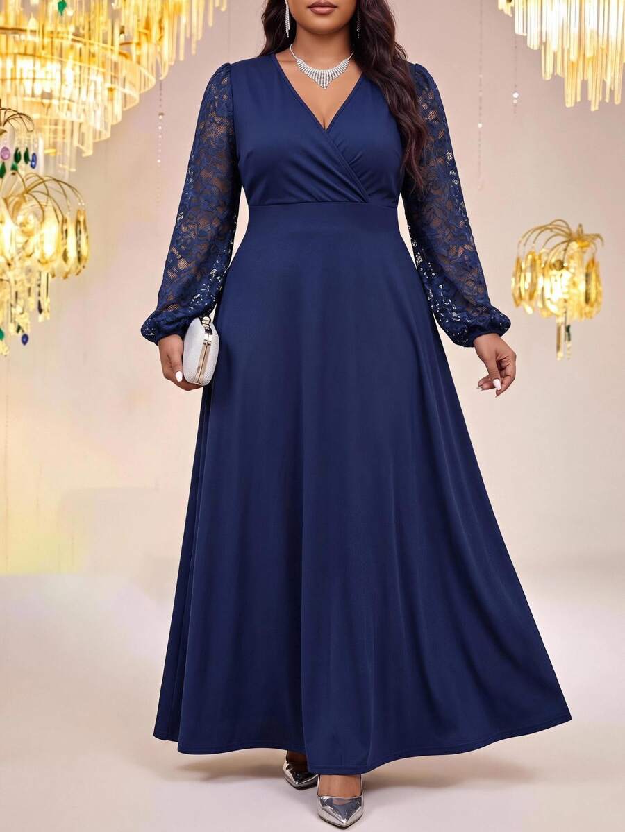 Fleurora Plus Size Elegant Party Lace Patchwork Dress Fall - Royal Blue - View 1