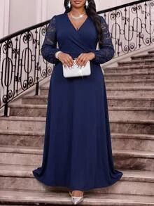 Fleurora Gaun Pesta Elegan Ukuran Besar dengan Motif Renda untuk Musim Gugur - Royal Blue - View 3