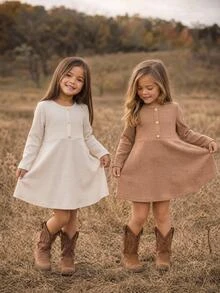 Emery Rose Kids Emery Rose Kids 兒童小女孩極簡風鈕扣長袖圓領洋裝 2件套 - 彩色 - 查看 4