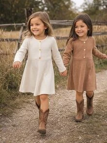 Emery Rose Kids Emery Rose Kids 兒童小女孩極簡風鈕扣長袖圓領洋裝 2件套 - 彩色 - 查看 3