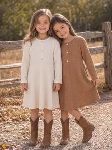 Emery Rose Kids Emery Rose Kids 兒童小女孩極簡風鈕扣長袖圓領洋裝 2件套 - 彩色 - 查看 2