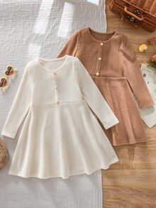 Emery Rose Kids Emery Rose Kids 兒童小女孩極簡風鈕扣長袖圓領洋裝 2件套 - 彩色 - 查看 5