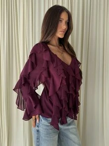 Aloruh Women's Autumn/Winter Bohemian Ruffle Loose Blouse - Purple - View 4