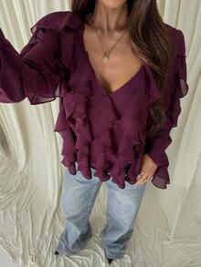 Aloruh Women's Autumn/Winter Bohemian Ruffle Loose Blouse - Purple - View 5