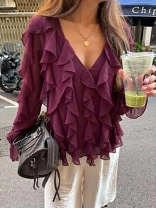 Aloruh Women's Autumn/Winter Bohemian Ruffle Loose Blouse - Purple - View 1