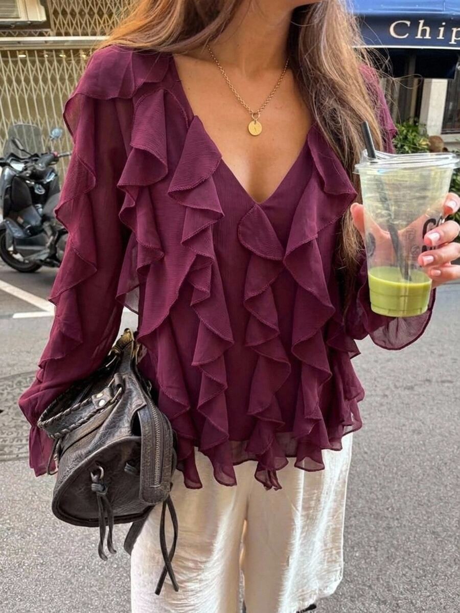 Aloruh Women's Autumn/Winter Bohemian Ruffle Loose Blouse - Purple - View 1