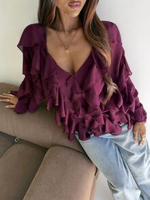 Aloruh Women's Autumn/Winter Bohemian Ruffle Loose Blouse - Purple - View 6
