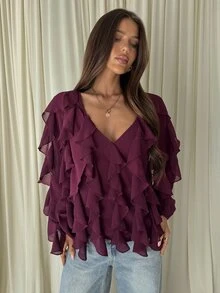 Aloruh Women's Autumn/Winter Bohemian Ruffle Loose Blouse - Purple - View 3