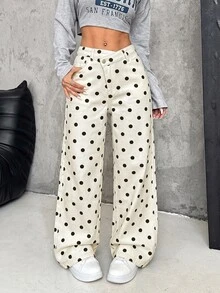 SHEIN PETITE بنطلون نسائي من الدنيم السميك بخصر غير متماثل وقصة فضفاضة وساق واسعة - أبيض - مشاهدة 4