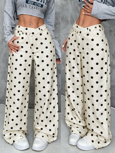 SHEIN PETITE بنطلون نسائي من الدنيم السميك بخصر غير متماثل وقصة فضفاضة وساق واسعة