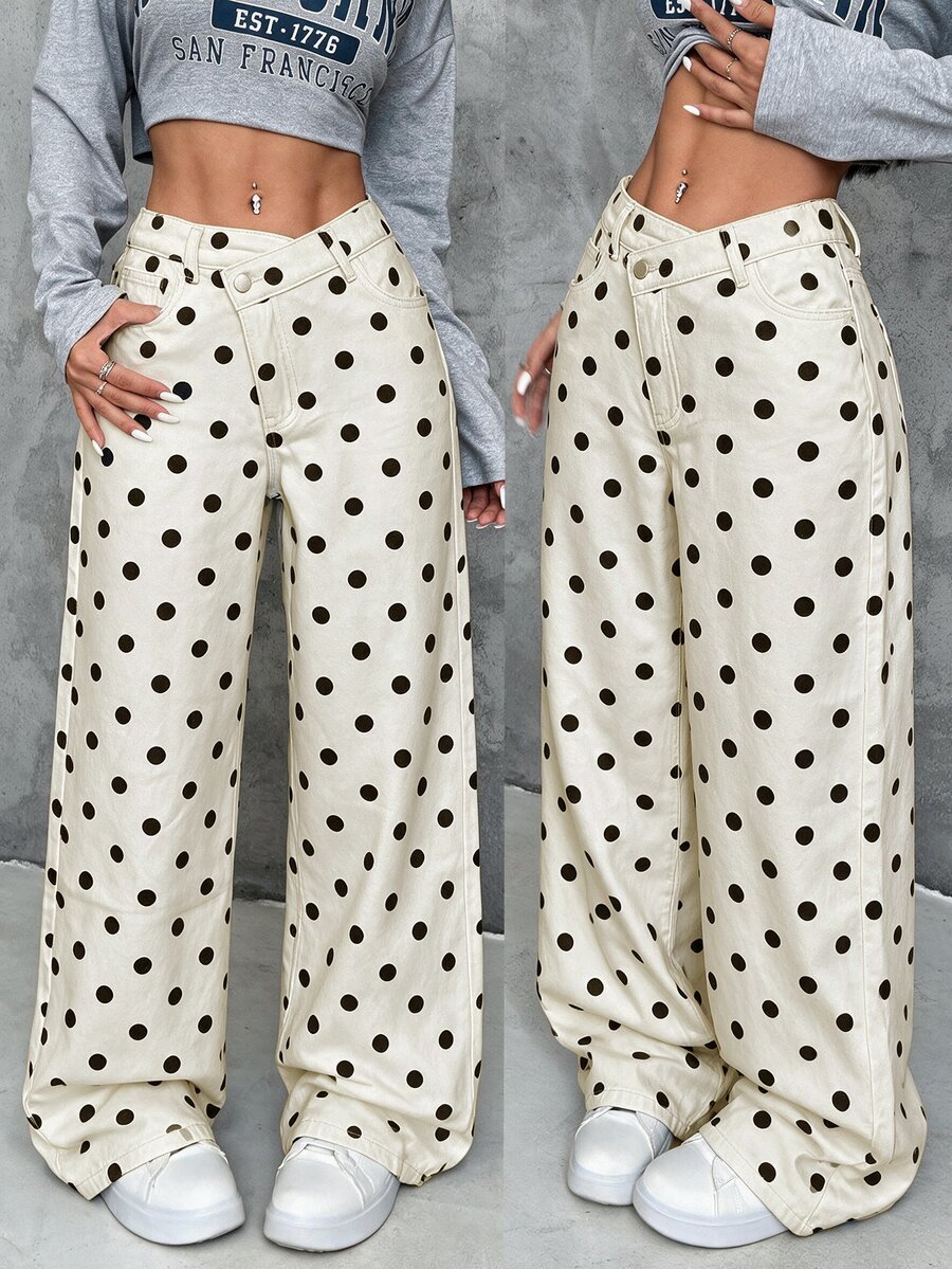 SHEIN PETITE بنطلون نسائي من الدنيم السميك بخصر غير متماثل وقصة فضفاضة وساق واسعة - أبيض - مشاهدة 1