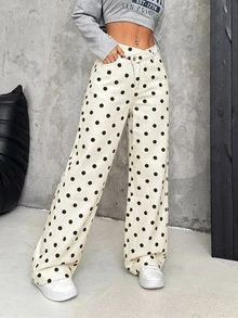 SHEIN PETITE بنطلون نسائي من الدنيم السميك بخصر غير متماثل وقصة فضفاضة وساق واسعة - أبيض - مشاهدة 5