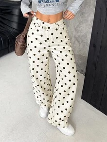 SHEIN PETITE بنطلون نسائي من الدنيم السميك بخصر غير متماثل وقصة فضفاضة وساق واسعة - أبيض - مشاهدة 7