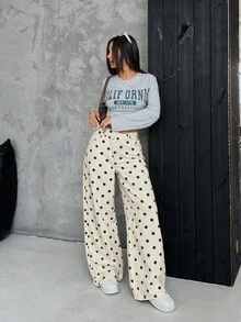 SHEIN PETITE بنطلون نسائي من الدنيم السميك بخصر غير متماثل وقصة فضفاضة وساق واسعة - أبيض - مشاهدة 3