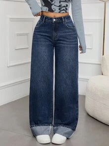 SHEIN Tall CURVE Plus Size Women's Cuffed Hem Pocket Button Straight Leg Denim Jeans - Blue - View 1