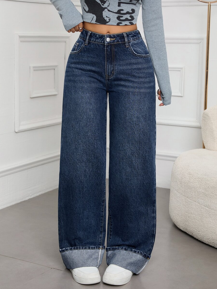 SHEIN Tall CURVE Plus Size Women's Cuffed Hem Pocket Button Straight Leg Denim Jeans - Blue - View 1