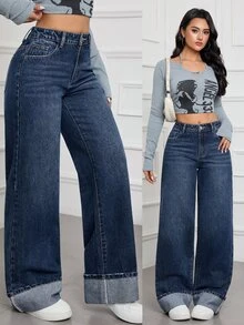 SHEIN Tall CURVE Plus Size Women's Cuffed Hem Pocket Button Straight Leg Denim Jeans - Blue - View 8
