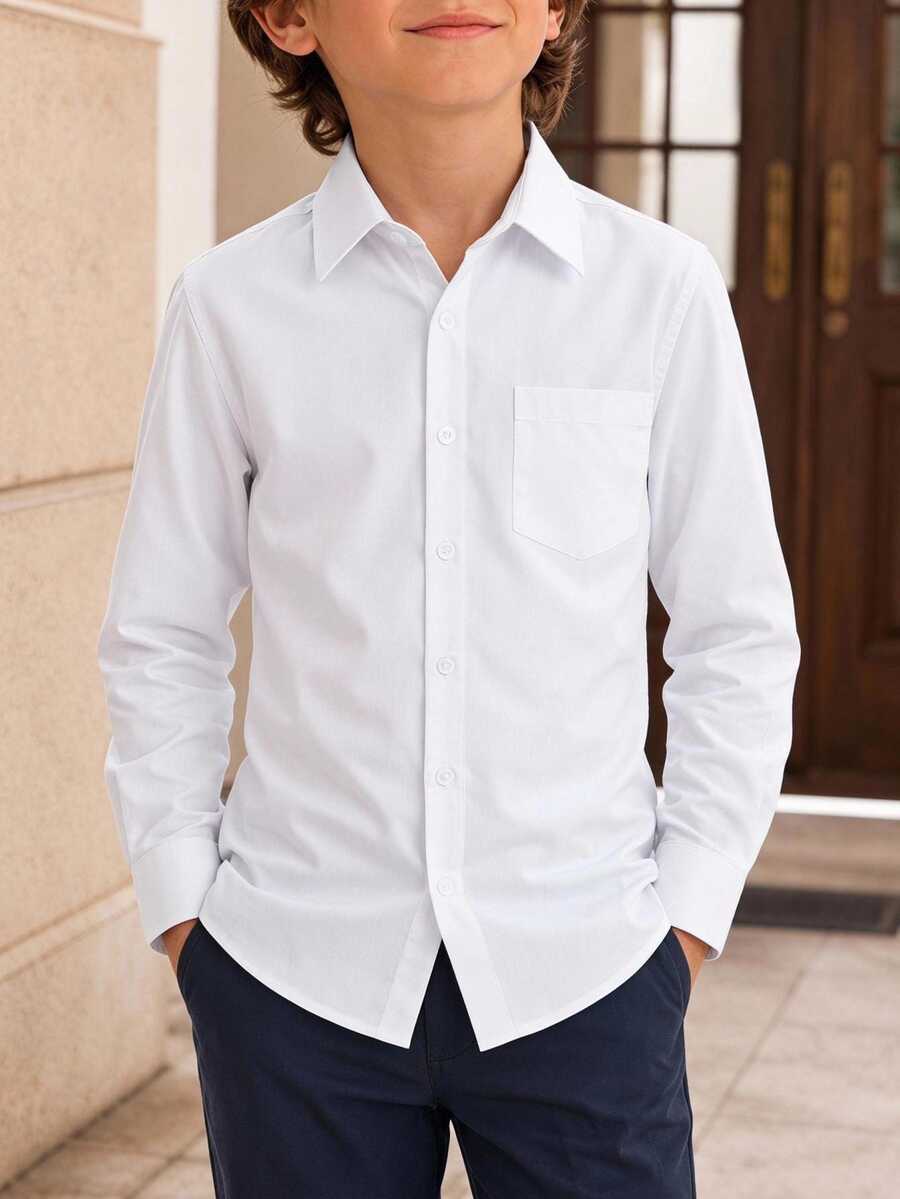 SHEIN Casuvi Kids 1件青少年男孩四季通用紳士基本款專業學院風純白色口袋長袖襯衫 - 白色 - 查看 1