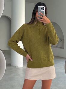 Aloruh Women's Autumn/Winter Half-Open Front Green Sweater,Cozy,University,Going Out - Green - View 6