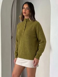 Aloruh Women's Autumn/Winter Half-Open Front Green Sweater,Cozy,University,Going Out - Green - View 7