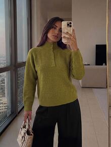 Aloruh Women's Autumn/Winter Half-Open Front Green Sweater,Cozy,University,Going Out - Green - View 4