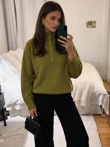 Aloruh Women's Autumn/Winter Half-Open Front Green Sweater,Cozy,University,Going Out - Green - View 10