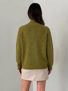 Aloruh Women's Autumn/Winter Half-Open Front Green Sweater,Cozy,University,Going Out - Green - View 2