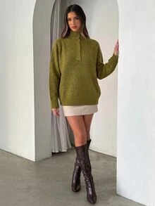 Aloruh Women's Autumn/Winter Half-Open Front Green Sweater,Cozy,University,Going Out - Green - View 8