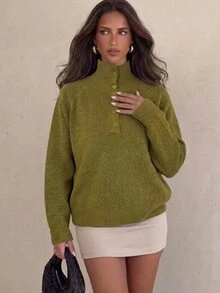 Aloruh Women's Autumn/Winter Half-Open Front Green Sweater,Cozy,University,Going Out - Green - View 1