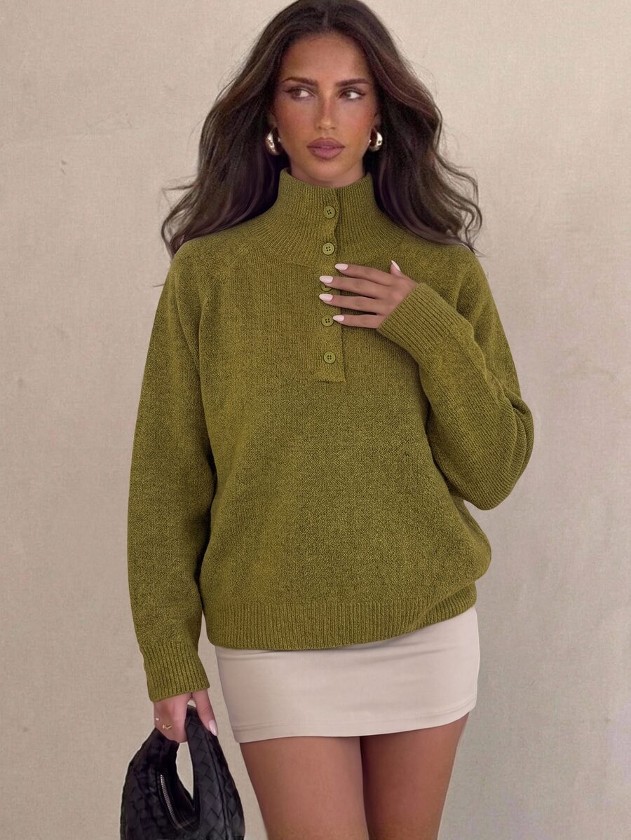 Aloruh Women's Autumn/Winter Half-Open Front Green Sweater,Cozy,University,Going Out - Green - View 1