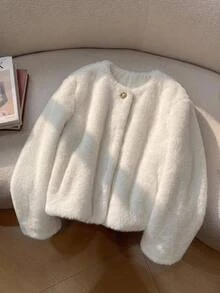 SHEIN Teen Girls Cream Pearl Button Faux Fur Fluffy Teddy Cropped Jacket, Elegant Cozy Warm Fall Coat Winter Chic Feminine Daily, Soft, Plush, Outfits - Beige - View 3