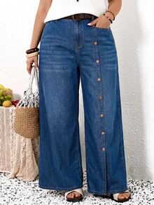 SHEIN CURVE+ Plus Size Women's Button Decor Elastic Waist Split Hem Fashion Jeans Vacation Beach Blue Fall Loose Fit Cargo - Blue - View 7