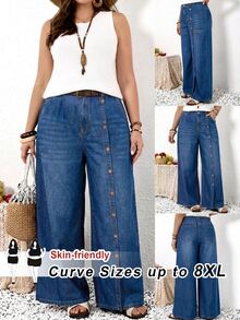 SHEIN CURVE+ Plus Size Women's Button Decor Elastic Waist Split Hem Fashion Jeans Vacation Beach Blue Fall Loose Fit Cargo - Blue - View 1