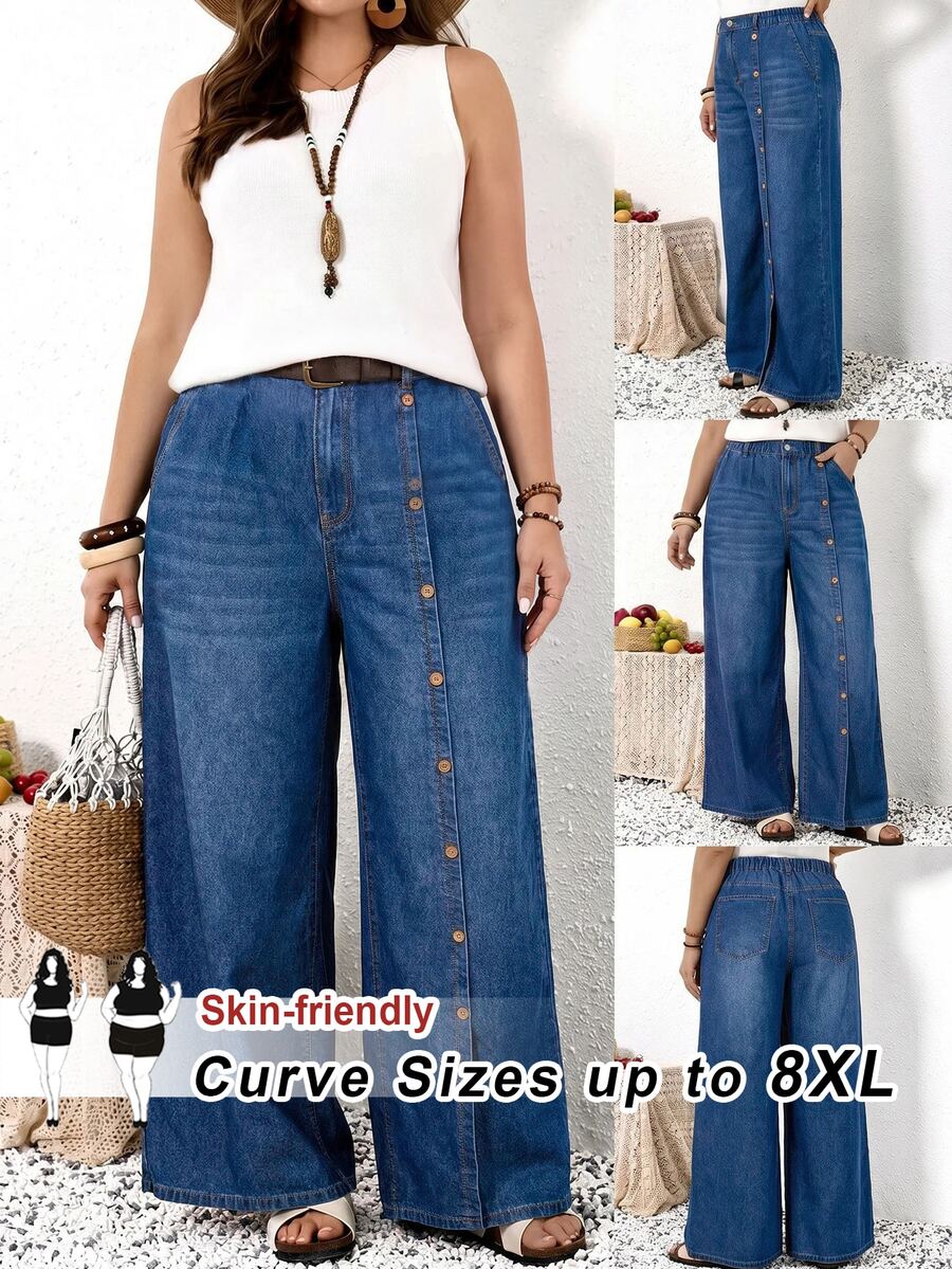 SHEIN CURVE+ Plus Size Women's Button Decor Elastic Waist Split Hem Fashion Jeans Vacation Beach Blue Fall Loose Fit Cargo - Blue - View 1